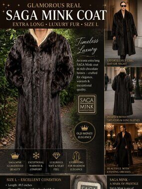 LUXURIOUS REAL SAGA MINK COAT EXTRA LONG CHOCOLATE BROWN FUR SIZE L Excellent